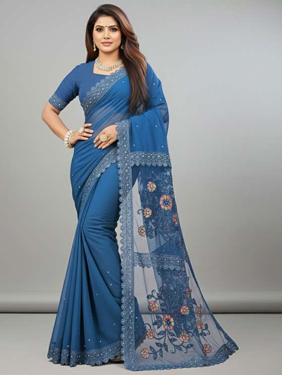 women solid with work embroidered saree with blouse