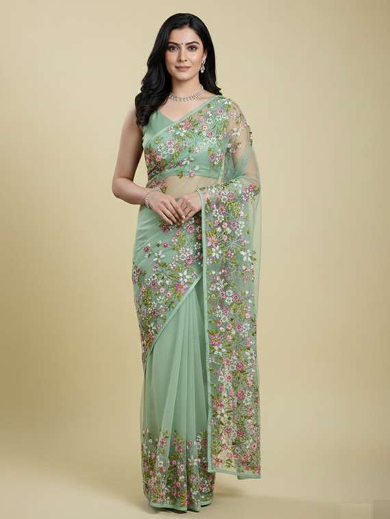 women solid with work embroidered saree with blouse
