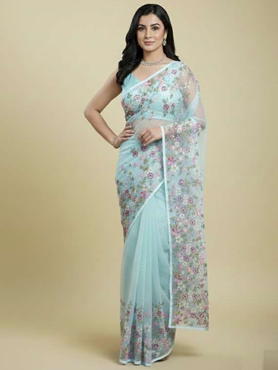 women solid with work embroidered saree with blouse