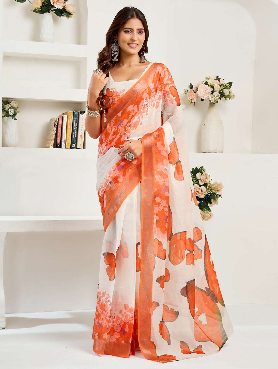 women printed ready to wear saree with blouse