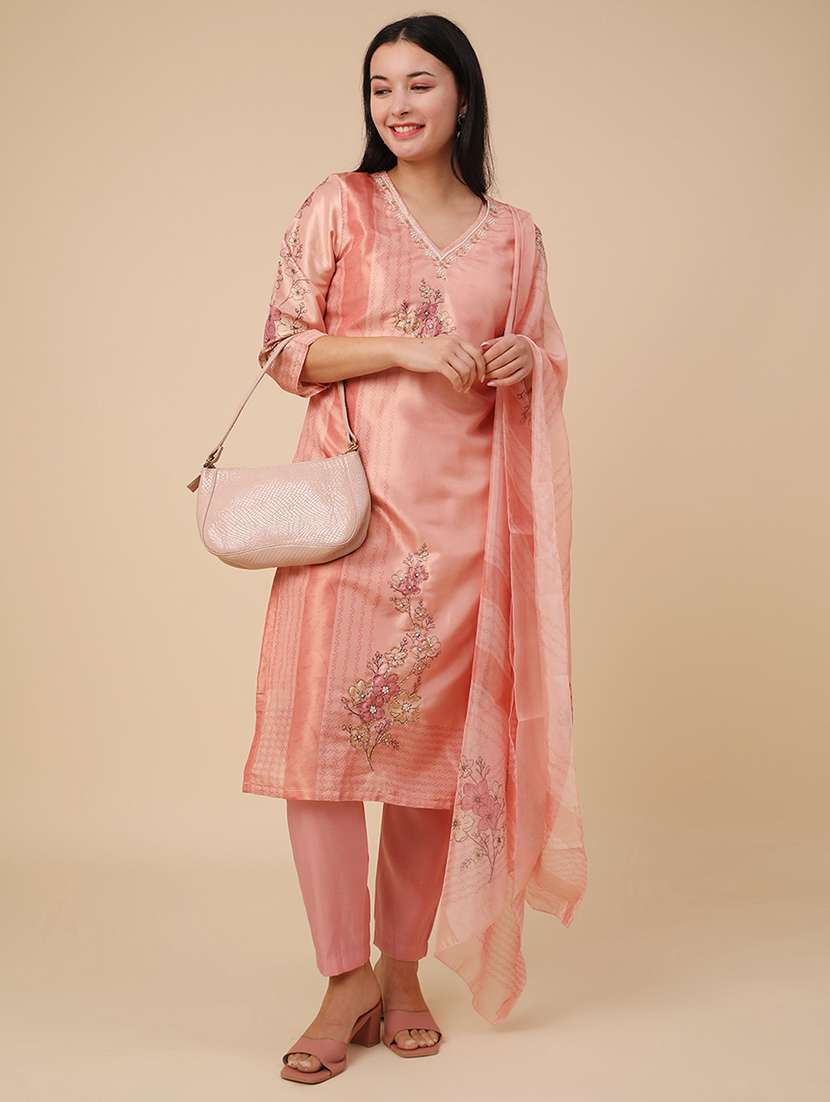 peach chanderi kurta pant  set