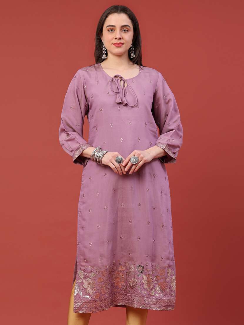 women embroidered three quarter sleeves straight kurta - 22298239 -  Standard Image - 3