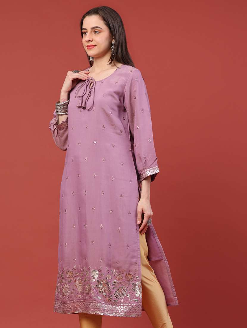 women embroidered three quarter sleeves straight kurta - 22298239 -  Standard Image - 5