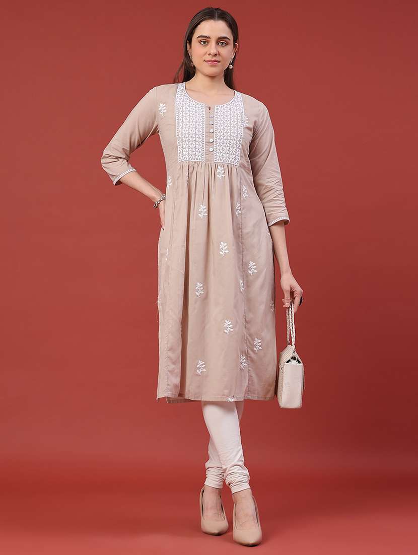 women embroidered three quarter sleeves a-line kurta 