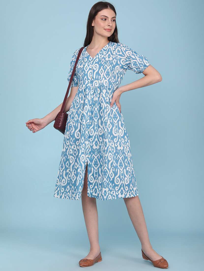women printed short sleeves a-line dress