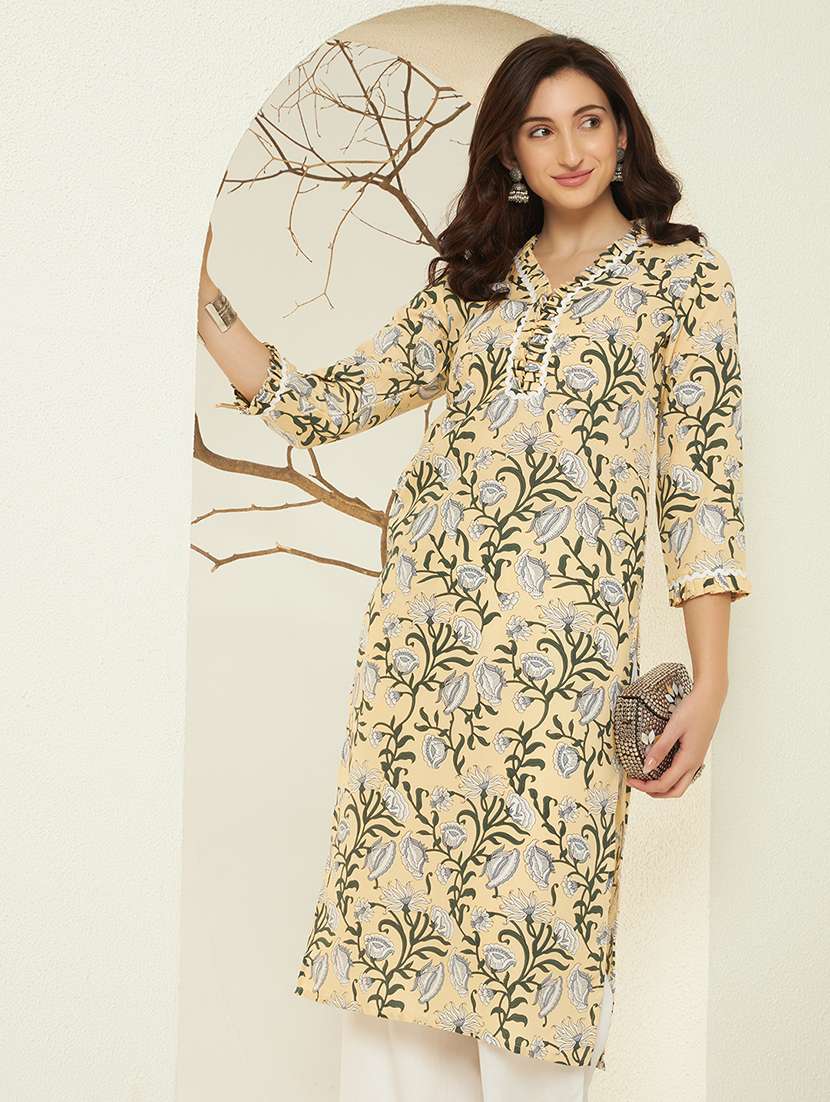 women floral three quarter sleeve straight kurta