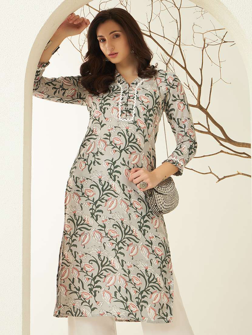 women floral three quarter sleeve straight kurta