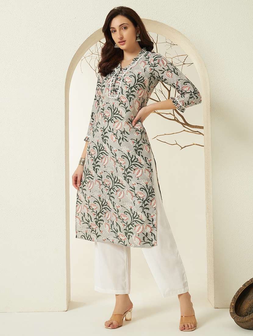 women floral three quarter sleeve straight kurta - 22298375 -  Standard Image - 3