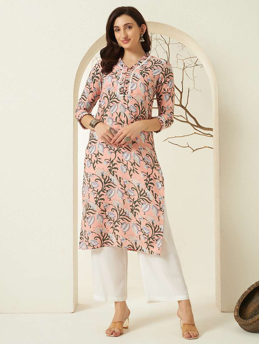 women floral three quarter sleeve straight kurta