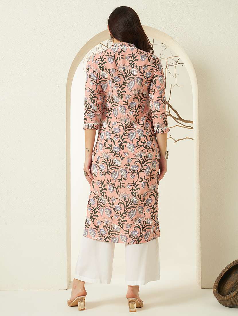 women floral three quarter sleeve straight kurta - 22298376 -  Standard Image - 3