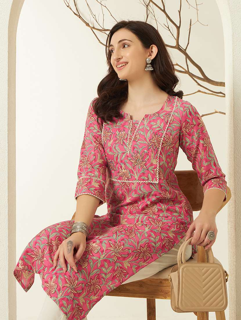women floral three quarter sleeve straight kurta
