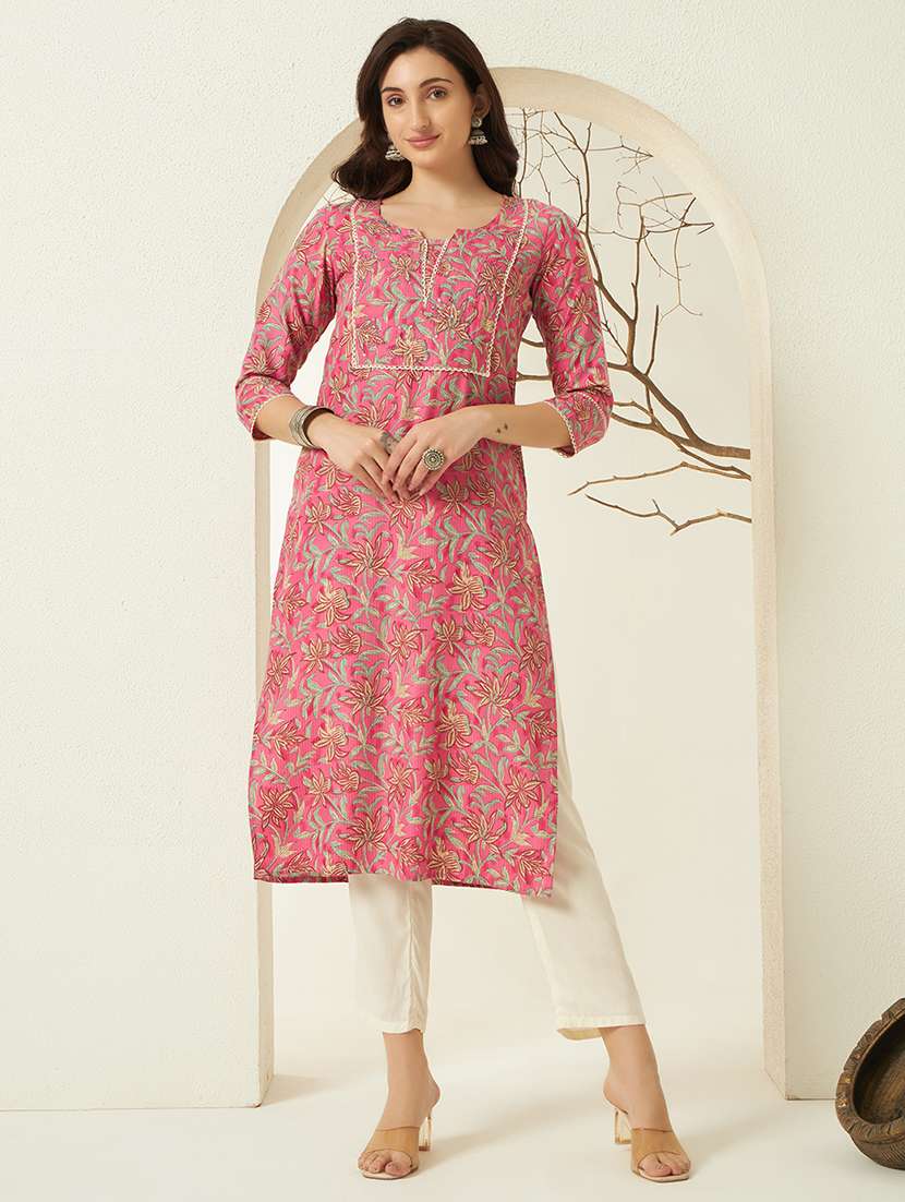 women floral three quarter sleeve straight kurta - 22298377 -  Standard Image - 3
