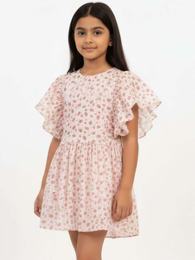 girls printed ruffle sleeve flared dress