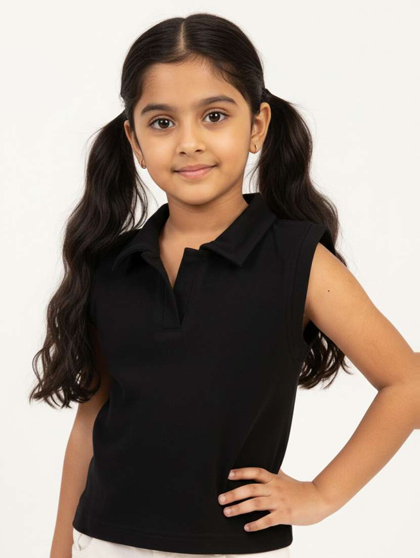 girls solid collared sleeveless top