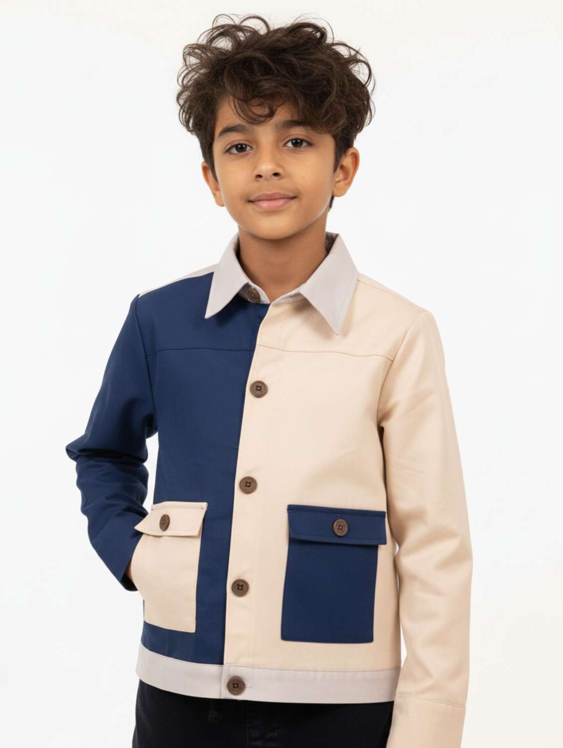 boys color blocked collaerd long sleeve shirt