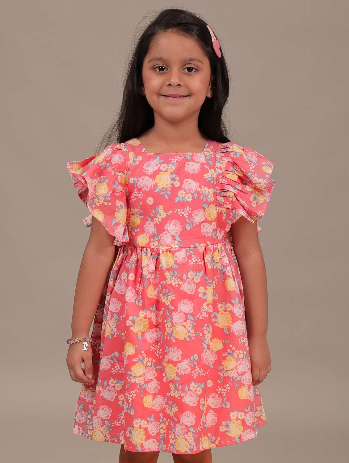 girlsfloral print ruffle sleeve fit & flare dress