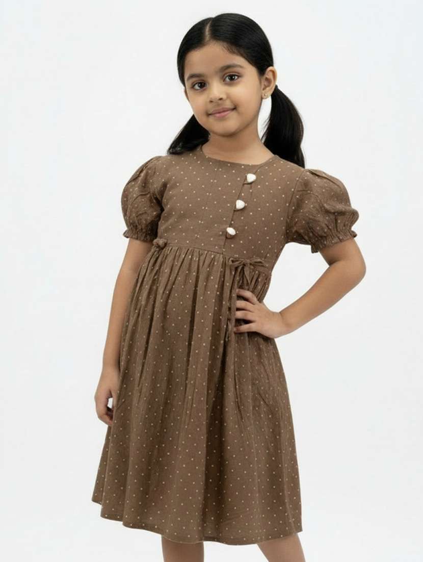 girls polka doted puff sleeve flared dress