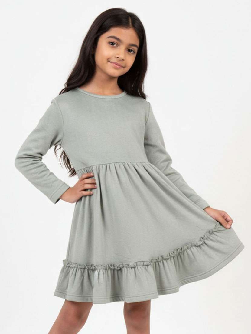 girls solid long sleeve tiered dress