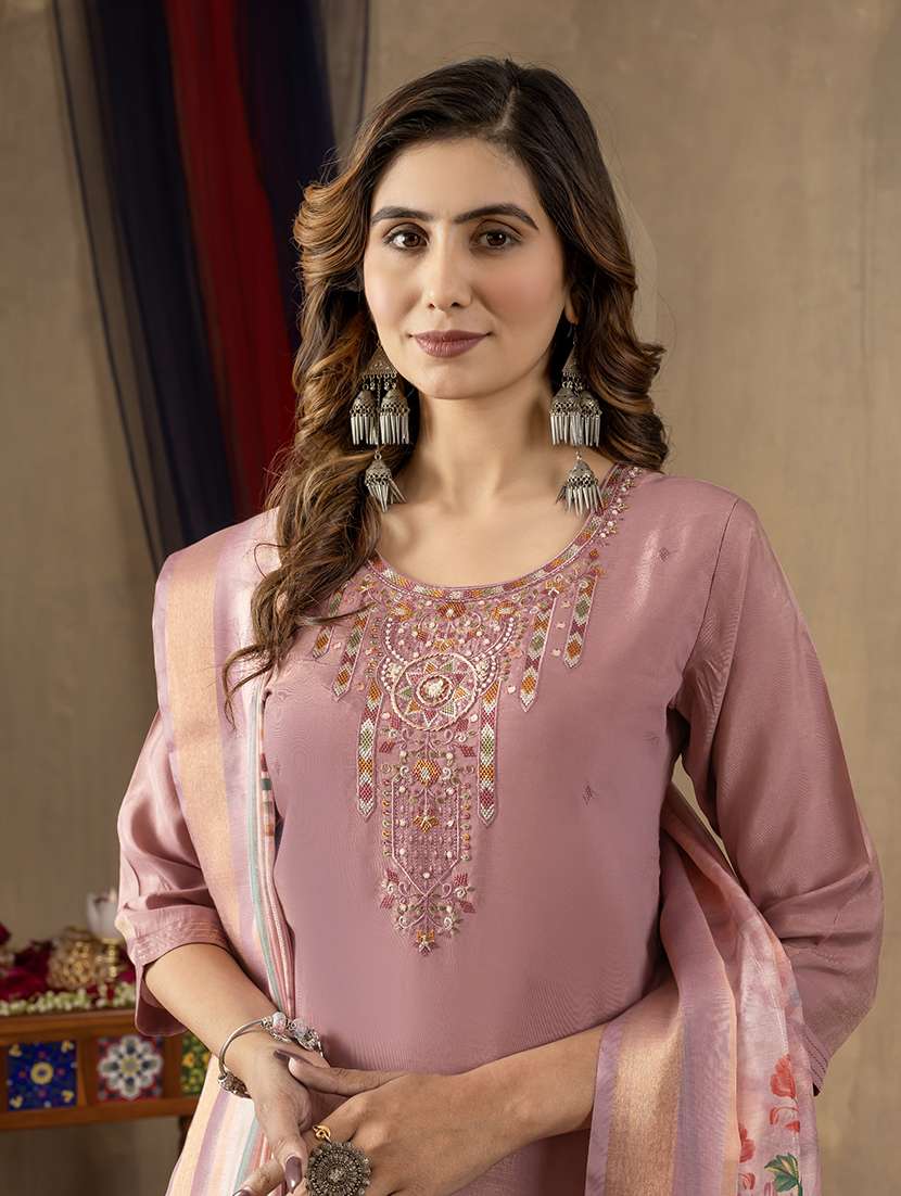 women solid with work three quarter sleeve kurta pant with dupatta set - 22298478 -  Standard Image - 3