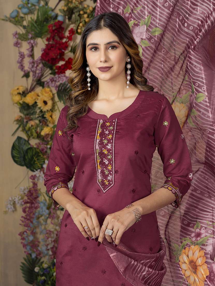 women solid with work three quarter sleeve kurta pant with dupatta set - 22298480 -  Standard Image - 3