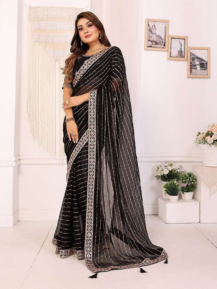 women striped bordered saree with blouse - 22298962 -  Standard Image - 3
