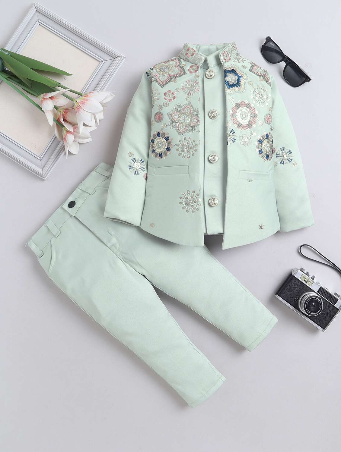 sea green polyester sherwani kurtas & kurta set