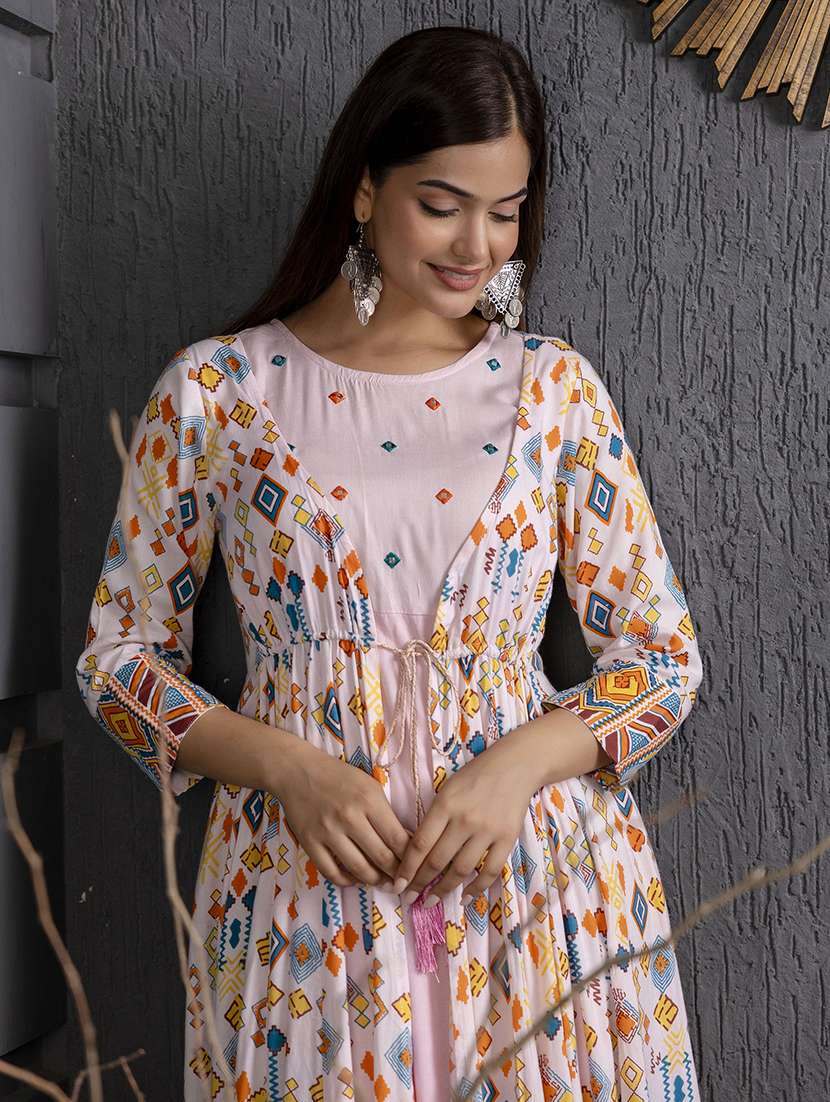 women printed three quarter sleeve ethnic dress - 22299135 -  Standard Image - 3