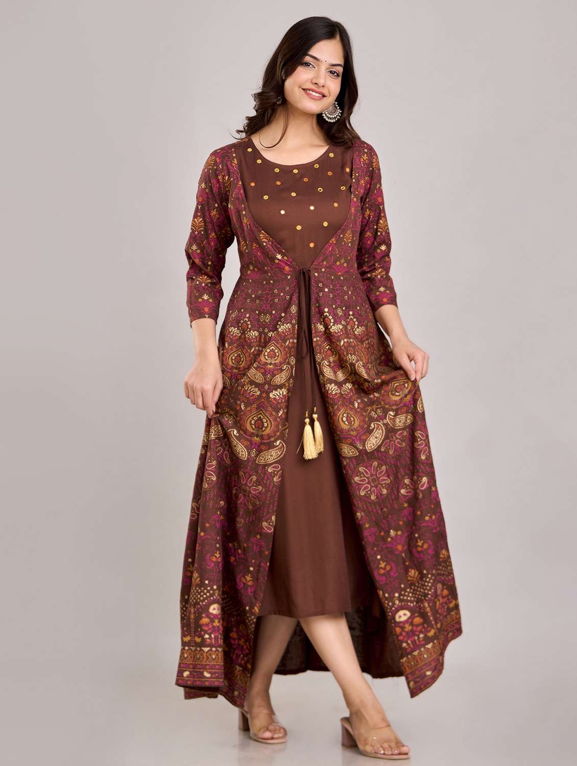 women printed three quarter sleeve ethnic dress - 22299136 -  Standard Image - 3