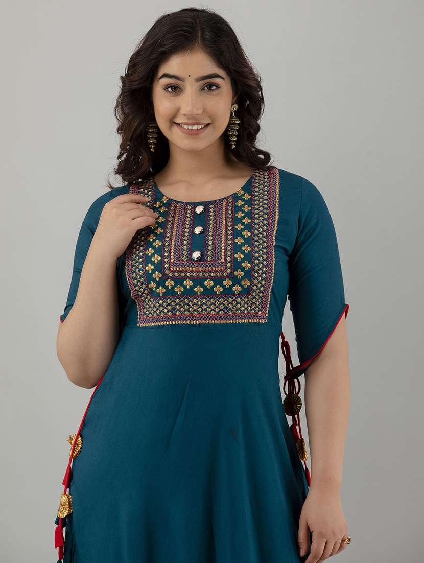 women solid with work short sleeve ethnic dress - 22299140 -  Standard Image - 5