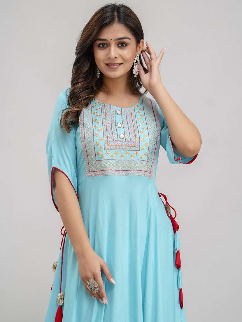 women solid with work three quarter sleeve ethnic dress - 22299141 -  Standard Image - 5