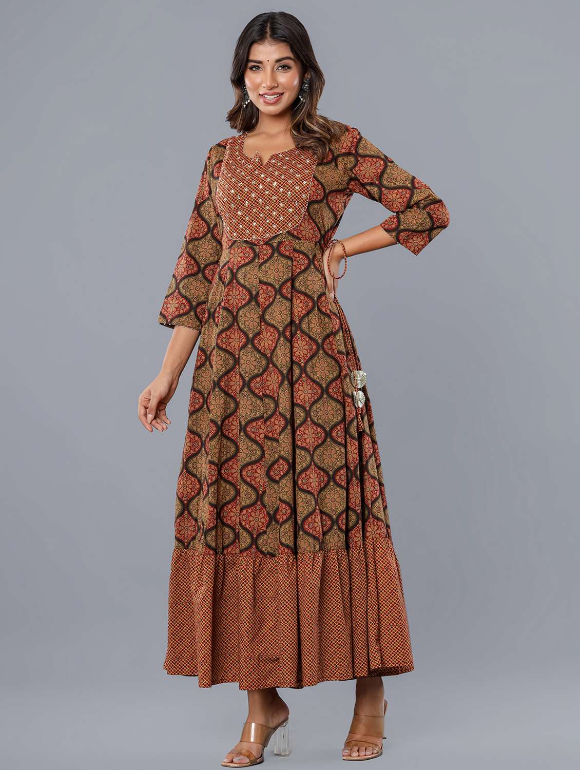 women printed three quarter sleeve ethnic dress