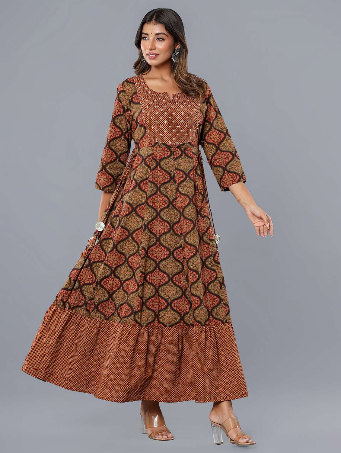 women printed three quarter sleeve ethnic dress - 22299144 -  Standard Image - 3