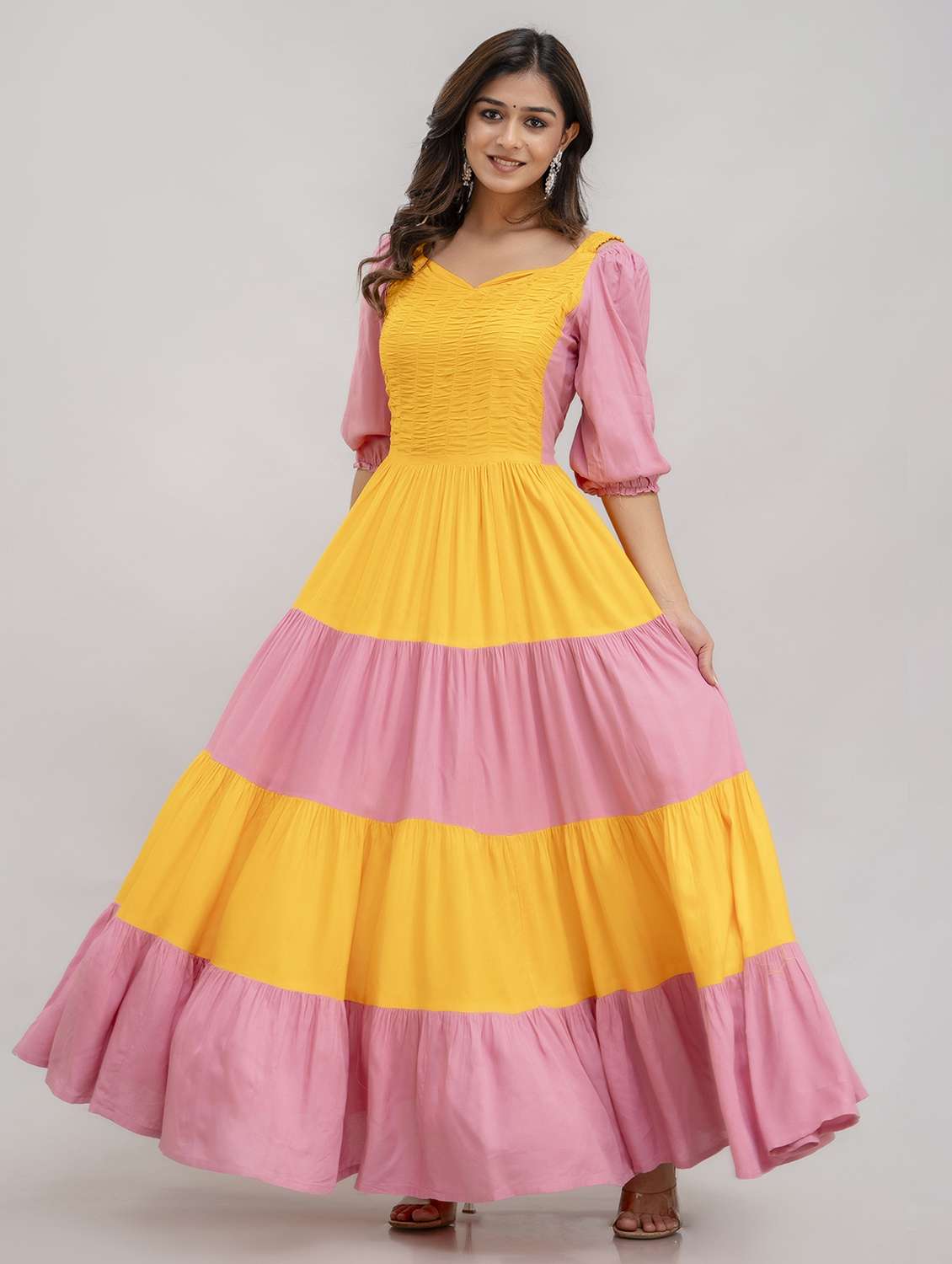 women color block puff sleeve tiered maxi dress