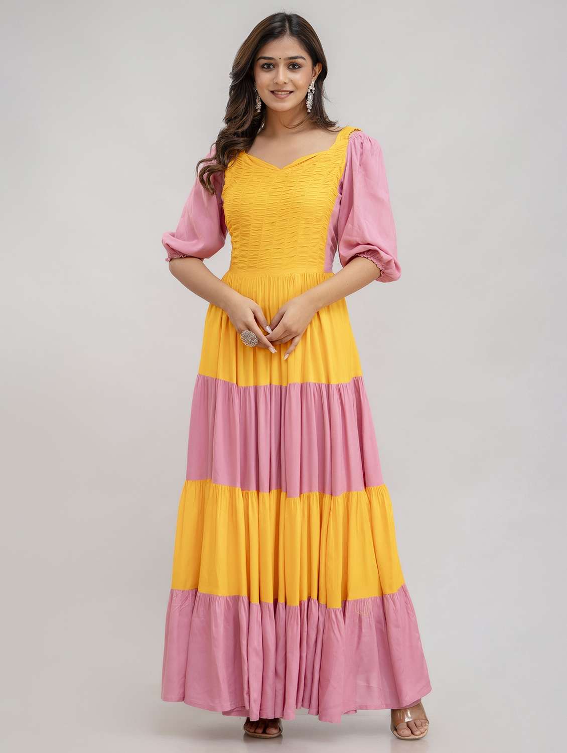 women color block puff sleeve tiered maxi dress - 22299145 -  Standard Image - 3