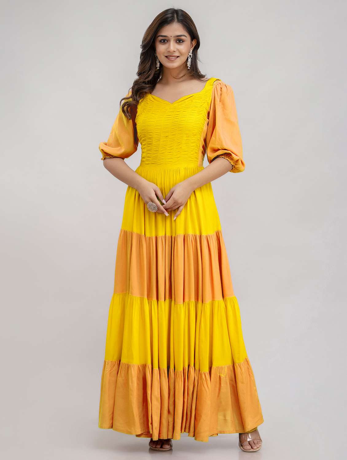 women color block puff sleeve tiered maxi dress - 22299146 -  Standard Image - 3