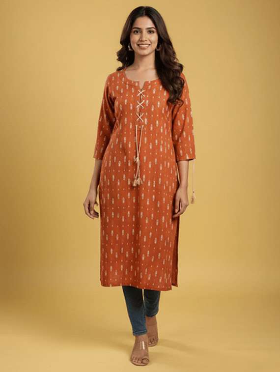 women printed three quarter sleeve straight kurta