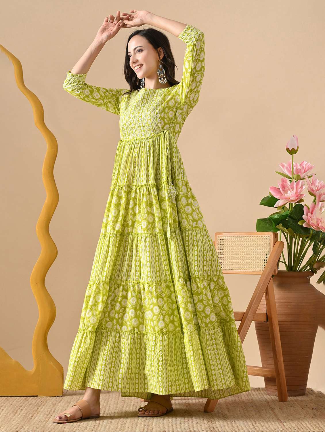 women printed three quarter sleeve ethnic dress - 22299148 -  Standard Image - 3