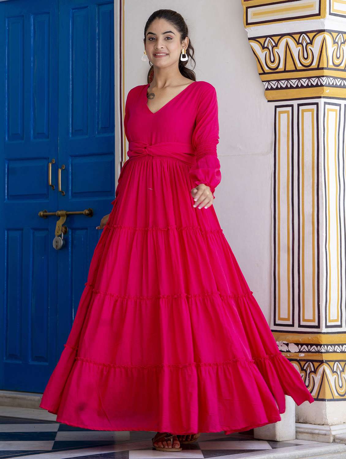 women solid long sleeve tiered maxi dress - 22299149 -  Standard Image - 3