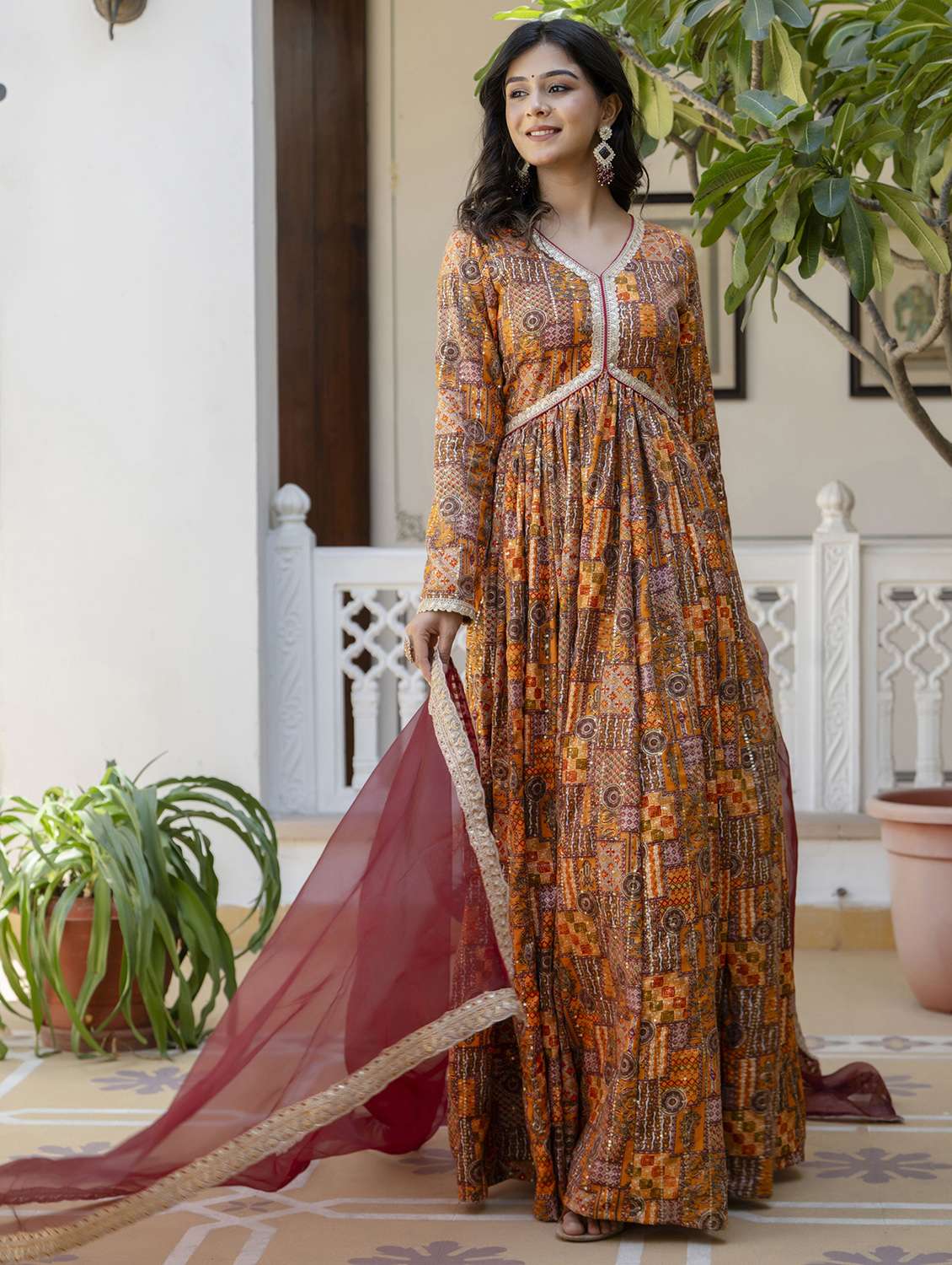 women printed long sleeve kurta with dupatta set