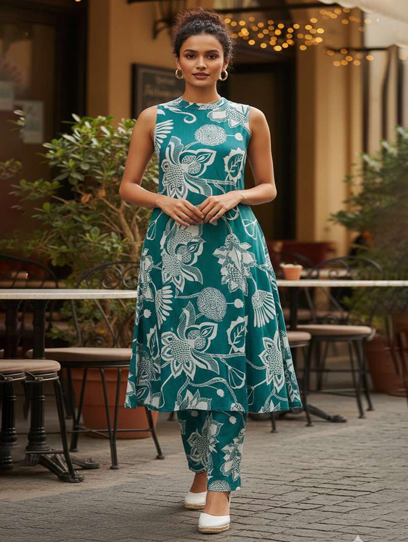 women floral printed sleeveless ethnic co-ord set