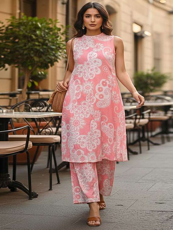 women floral printed sleeveless ethnic co-ord set