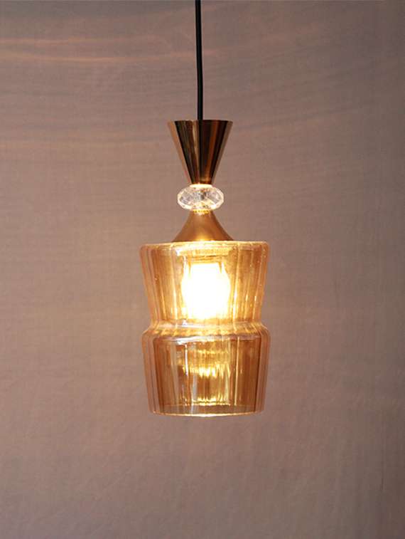 ribbed amber glass pendant light gold finish