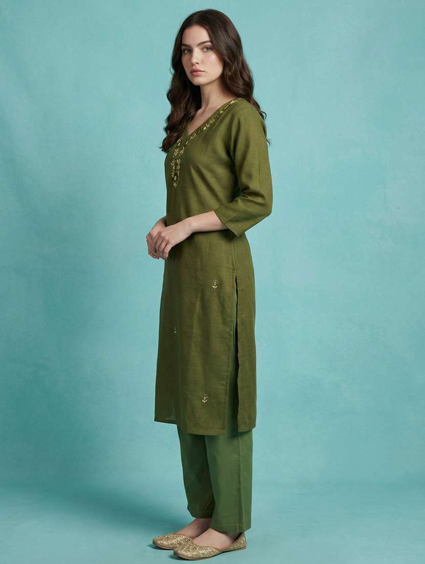 Women Solid With Work Three Quarter Sleeve Straight Kurta - 22299453 -  Standard Image - 3