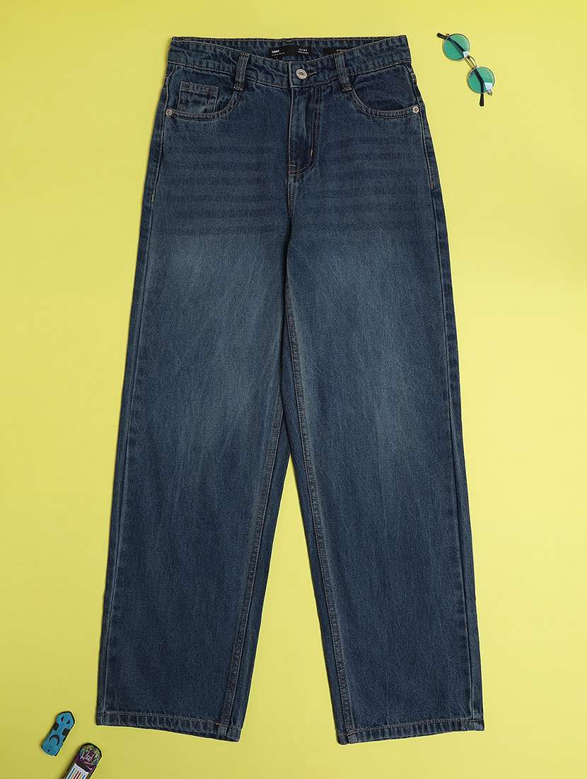 girls washed mid rise straight jeans