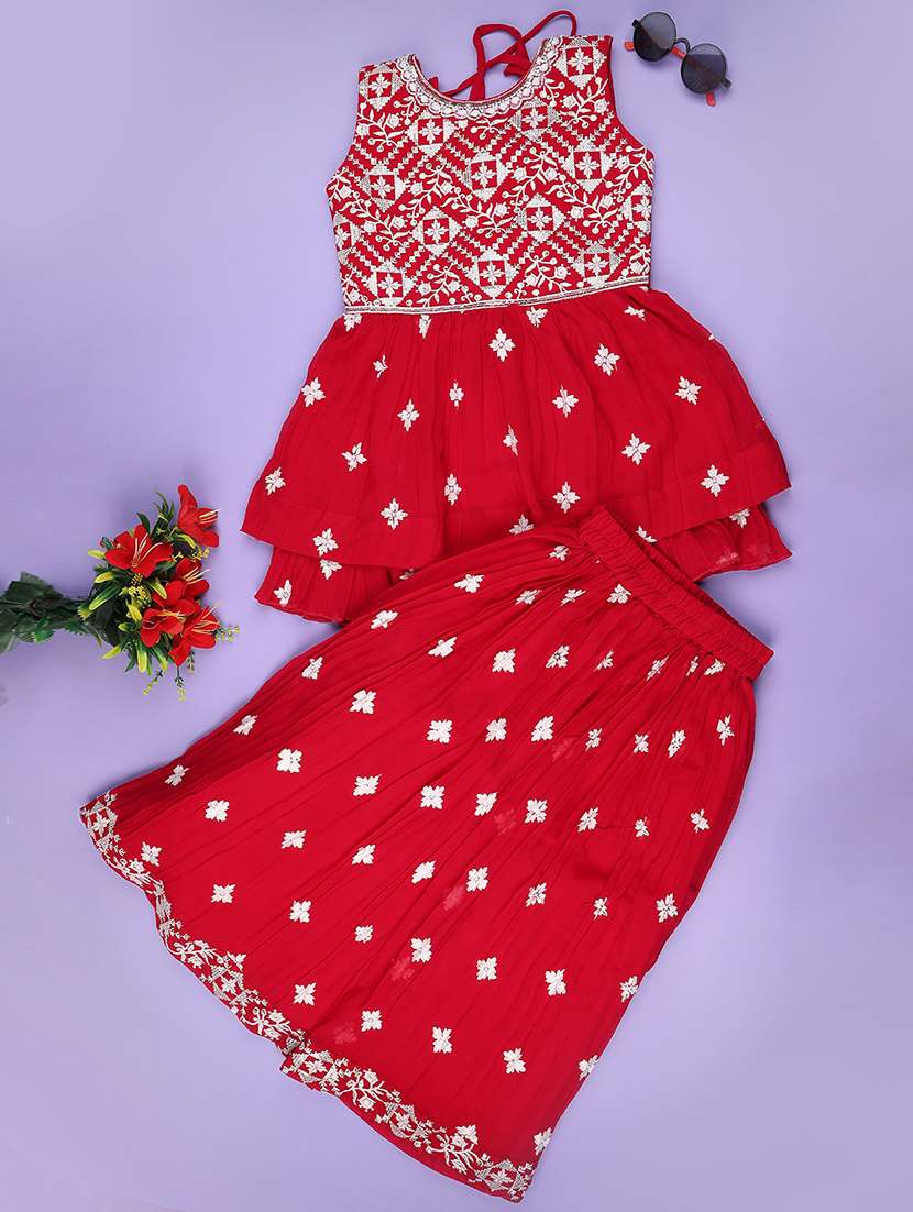 girls embroidered sleeveless kurta skirt set