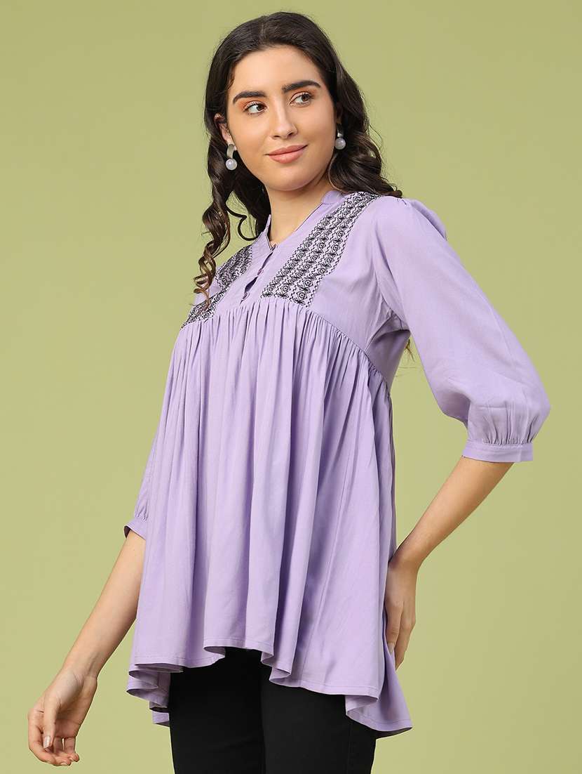 women solid with work three quarter sleeve flared tunic - 22299607 -  Standard Image - 3