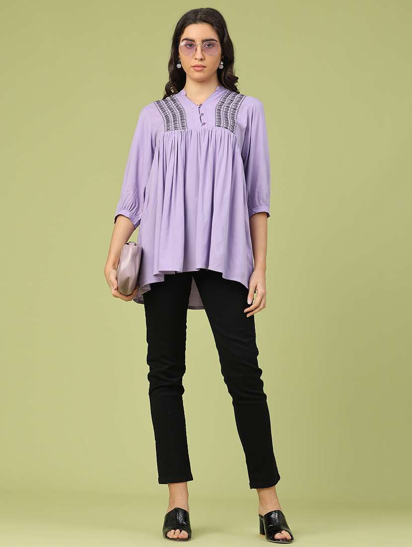 women solid with work three quarter sleeve flared tunic - 22299607 -  Standard Image - 5