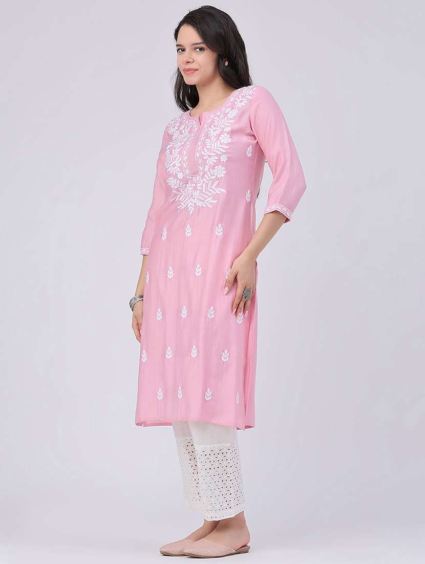 women embroidered three quarter sleeves straight kurta - 22299620 -  Standard Image - 3