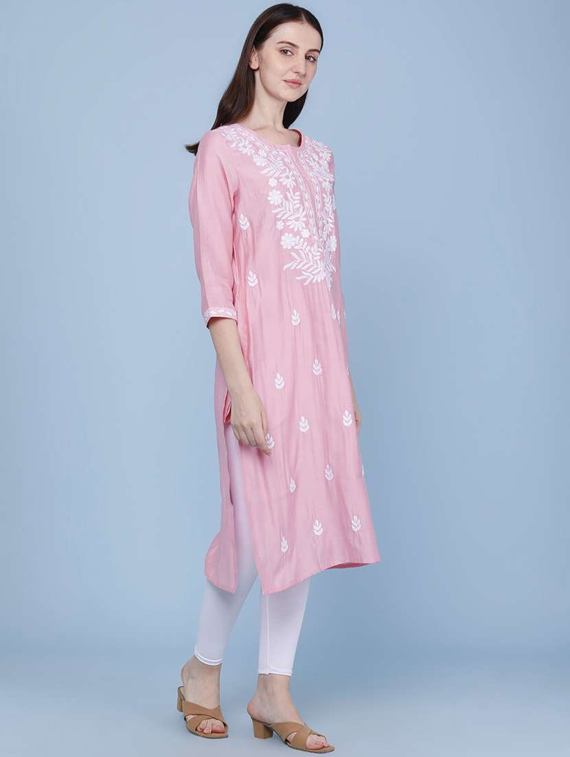 women embroidered three quarter sleeves straight kurta - 22299621 -  Standard Image - 3