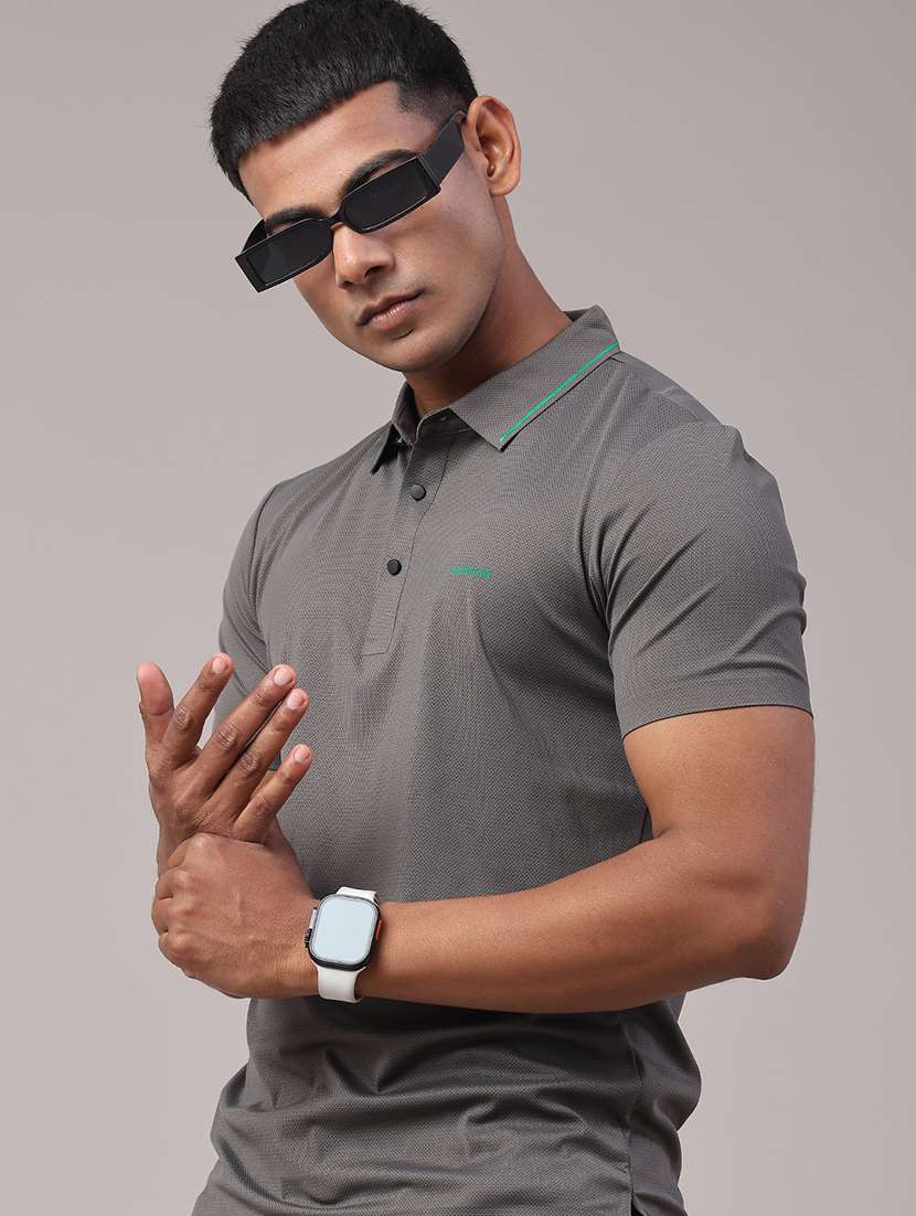 men's grey seamless polo-t-shirt with tonal stitching  slim fit breathable stretch